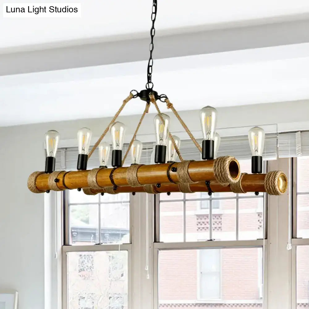 Rustic bamboo chandelier with exposed edison bulbs and rope accents beige vintage island style fixture width and height e26 e27