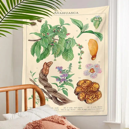 Vintage beige ayahuasca botanical tapestry wall hanging with detailed green, purple, and orange plant illustrations decorbites botanical tapestry