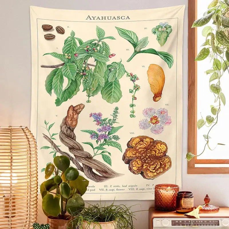 Vintage beige ayahuasca botanical tapestry wall hanging featuring detailed green purple and brown plant illustrations decorbites botanical tapestry