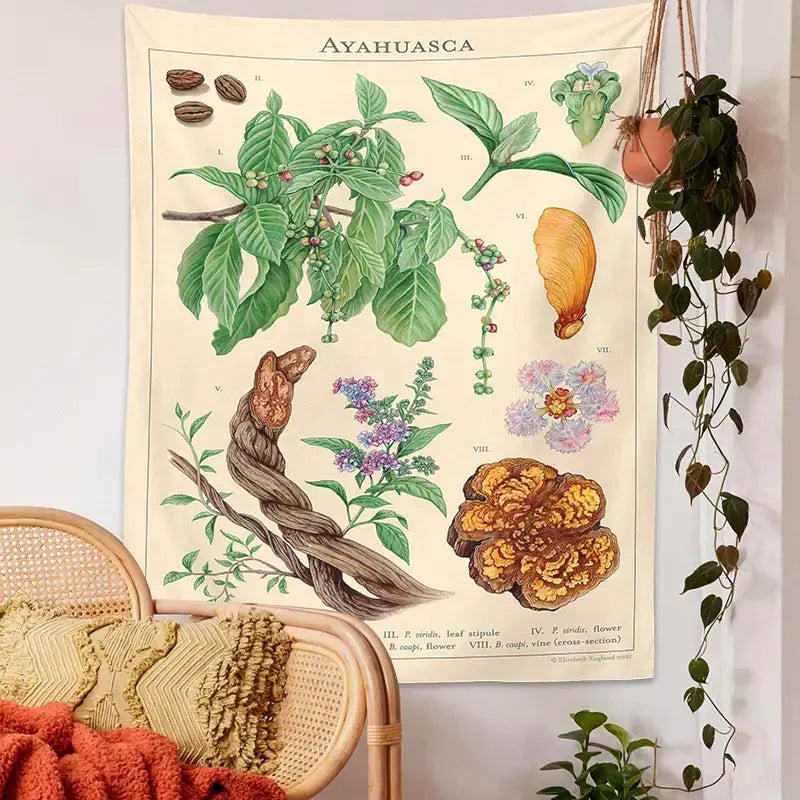 Vintage beige ayahuasca botanical tapestry wall hanging with vibrant green purple and brown ayahuasca plant illustrations for decorbites decor