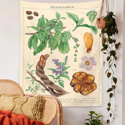 Vintage beige ayahuasca botanical tapestry wall hanging with vibrant green purple and brown ayahuasca plant illustrations for decorbites decor