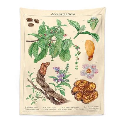 Beige botanical tapestry wall hanging featuring detailed ayahuasca illustration with green leaves purple flowers and seeds decorbites botanical tapestry