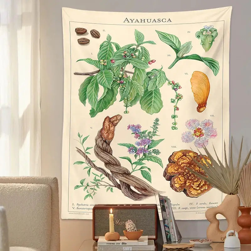 Vintage beige ayahuasca botanical tapestry wall hanging with green purple and brown plant illustrations on cream background decorbites botanical tapestry