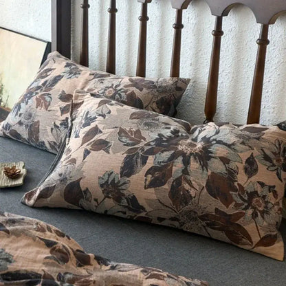 Beige and brown floral patterned pillowcases in soft textured decorbites cotton jacquard bedding sets for bedroom use