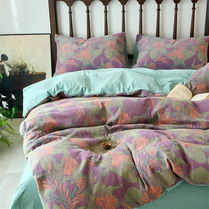 Vintage beige and brown cotton jacquard bedding set with a purple and orange floral duvet cover and mint green lining