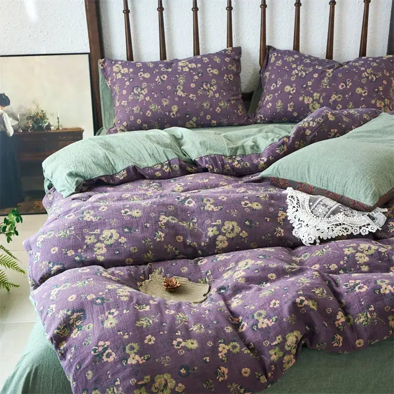 Vintage beige and brown decorbites cotton jacquard bedding set with purple floral duvet cover and subtle green accents