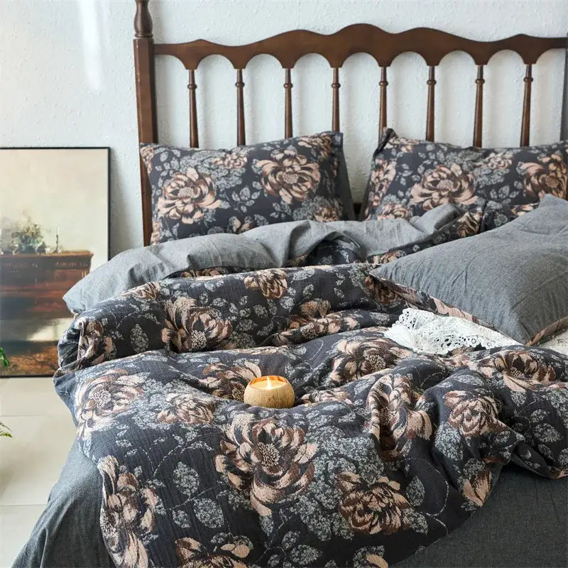 Dark gray floral duvet cover with muted brown and beige blossoms in decorbites cotton jacquard bedding sets