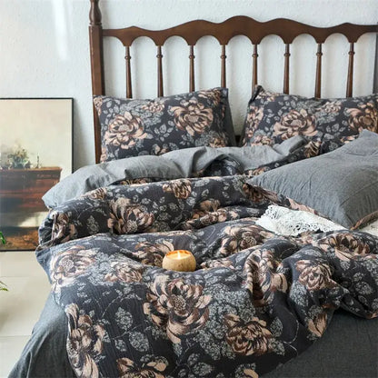 Dark gray floral duvet cover with muted brown and beige blossoms in decorbites cotton jacquard bedding sets