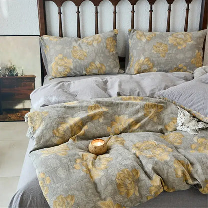 Gray and gold floral decorbites cotton jacquard duvet set with textured linen-like fabric for vintage beige jacquard bedding sets
