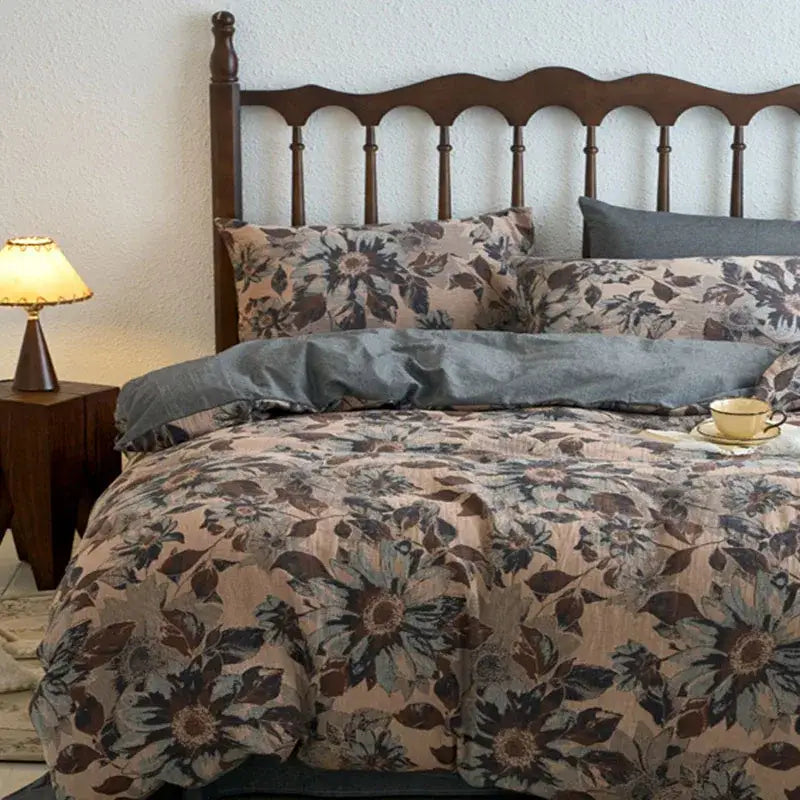 Vintage beige and brown decorbites cotton jacquard bedding set featuring floral jacquard design on soft fabric