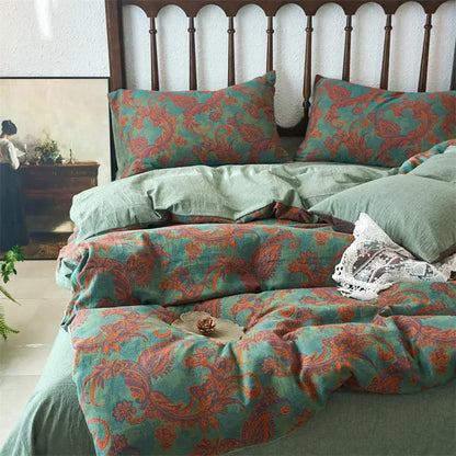 Vintage beige and brown cotton jacquard bedding set featuring teal and rust paisley linen design for bedroom decorbites cotton jacquard
