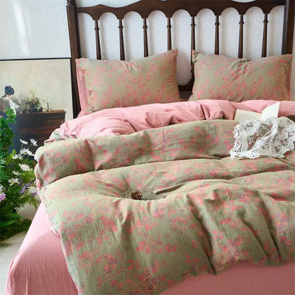 Soft sage green duvet cover with pink floral patterns and textured weave in vintage beige cotton jacquard bedding sets