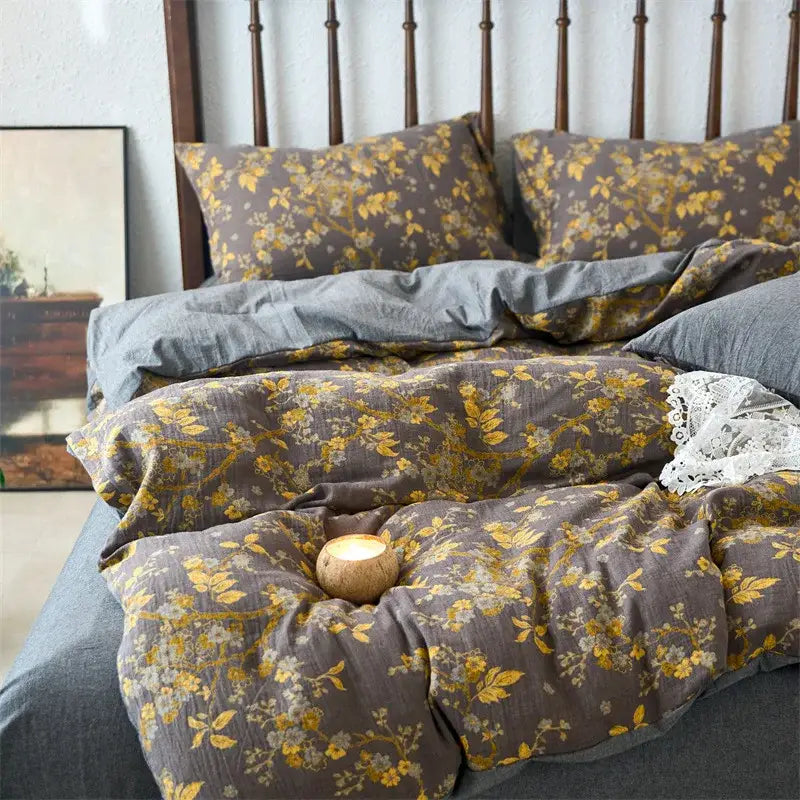 Vintage beige and brown cotton jacquard bedding set with gray and yellow floral patterned linen duvet and matching pillows