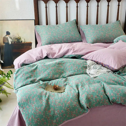 Teal floral duvet set with pink accents and lace trim made from decorbites cotton jacquard for elegant bedding decor