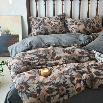 A cozy bed with vintage beige and brown decorbites cotton jacquard bedding set featuring sunflower jacquard patterns