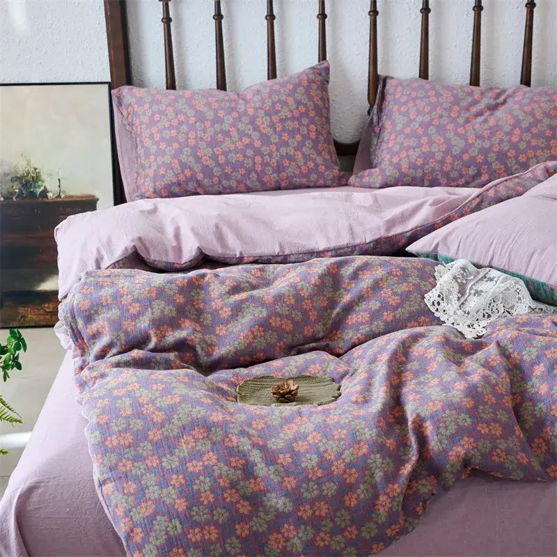 Purple floral duvet cover set with soft textured fabric featuring delicate pink and green blossoms decorbites cotton jacquard bedding