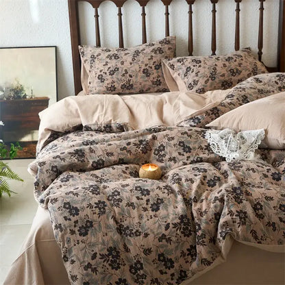 Vintage beige and brown cotton jacquard bedding set with floral botanical prints on soft textured fabric for bedroom decorbites cotton jacquard