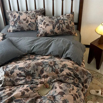 Vintage beige and brown cotton jacquard bedding set with gray floral pattern and soft textured fabric finish by decorbites