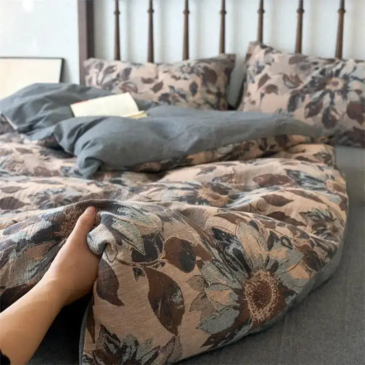 Vintage beige and brown cotton jacquard bedding sets featuring a soft floral duvet cover with dark leaf patterns