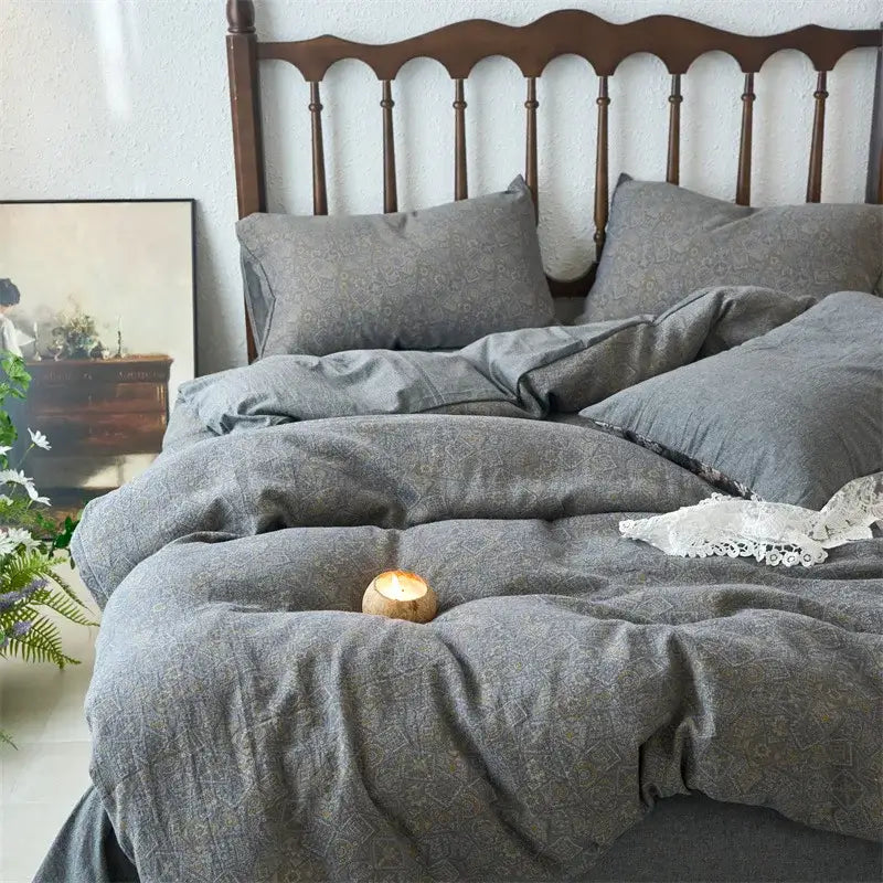 Gray linen duvet set with subtle pattern from vintage beige and brown decorbites cotton jacquard bedding sets