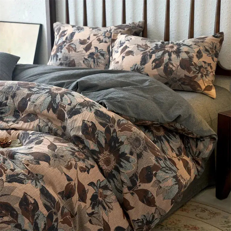 Vintage beige and brown floral patterned cotton jacquard bedding set with matching pillowcases for decorbites cotton jacquard
