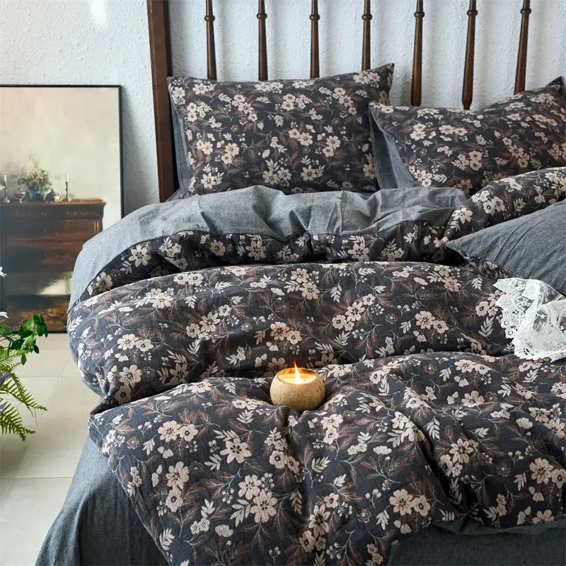 Dark gray floral duvet set with beige and brown blossoms in soft cotton jacquard bedding decorbites cotton jacquard
