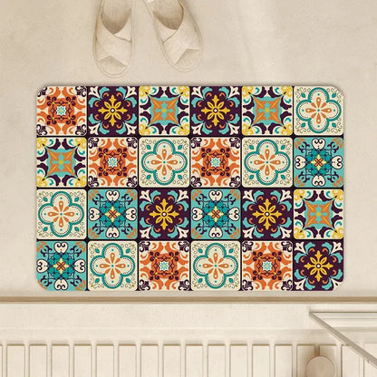 Vintage beige and cream absorbent bathroom mat with diatom ooze featuring colorful mosaic tile-patterned design