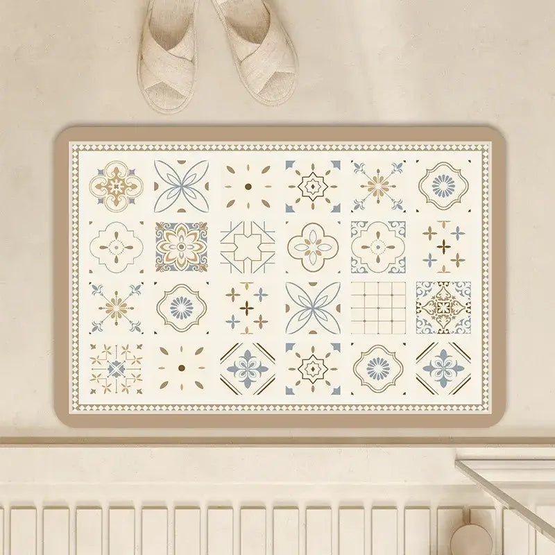 Beige rectangular vintage absorbent bathroom mat with cream gold and blue tile pattern made of diatom ooze absorbent material