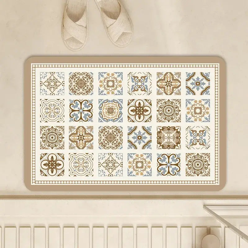 Vintage beige and cream absorbent bathroom mat with diatom ooze featuring intricate geometric tile patterns