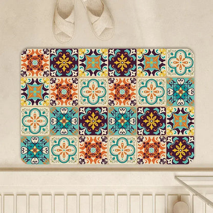 Vintage beige and cream absorbent bathroom mat with diatom ooze featuring a vibrant colorful tile pattern