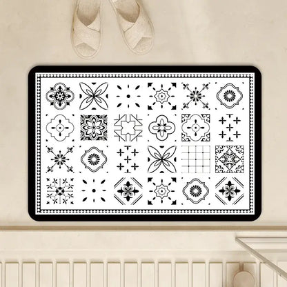 Vintage beige and cream absorbent bathroom mat with black and white tile pattern made of diatom ooze absorbent material