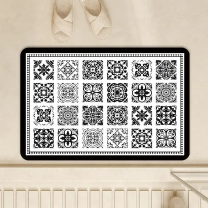 Black and white tiled-patterned absorbent bathroom mat with decorative border made of diatom ooze absorbent material