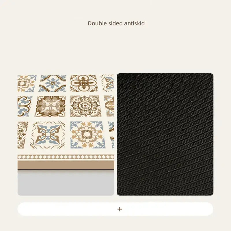 Double-sided vintage beige and cream absorbent bathroom mat with ornate tile patterns and diatom ooze absorbent backing
