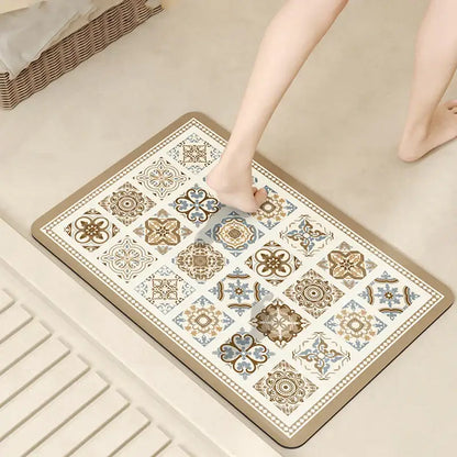 Beige and cream vintage absorbent bathroom mat with brown and blue motifs made of diatom ooze absorbent material