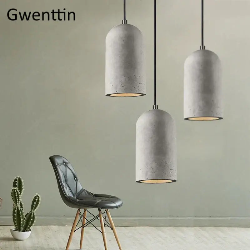 Three minimalist matte gray decorbites cement pendant lamps with black cords for dining room vintage beige set of 3