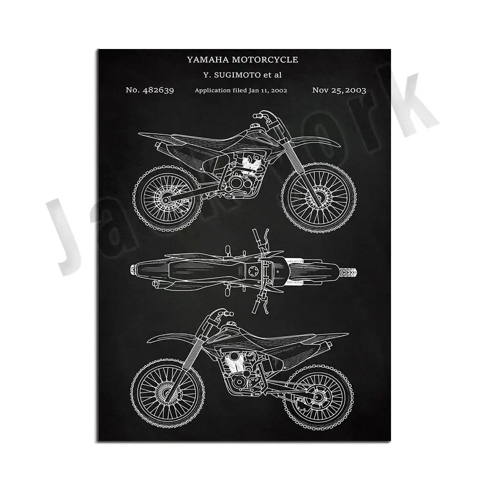 Black poster featuring white line drawings of yamaha dirt bike patent art for beige dirt bike decorbites bedroom wall decor