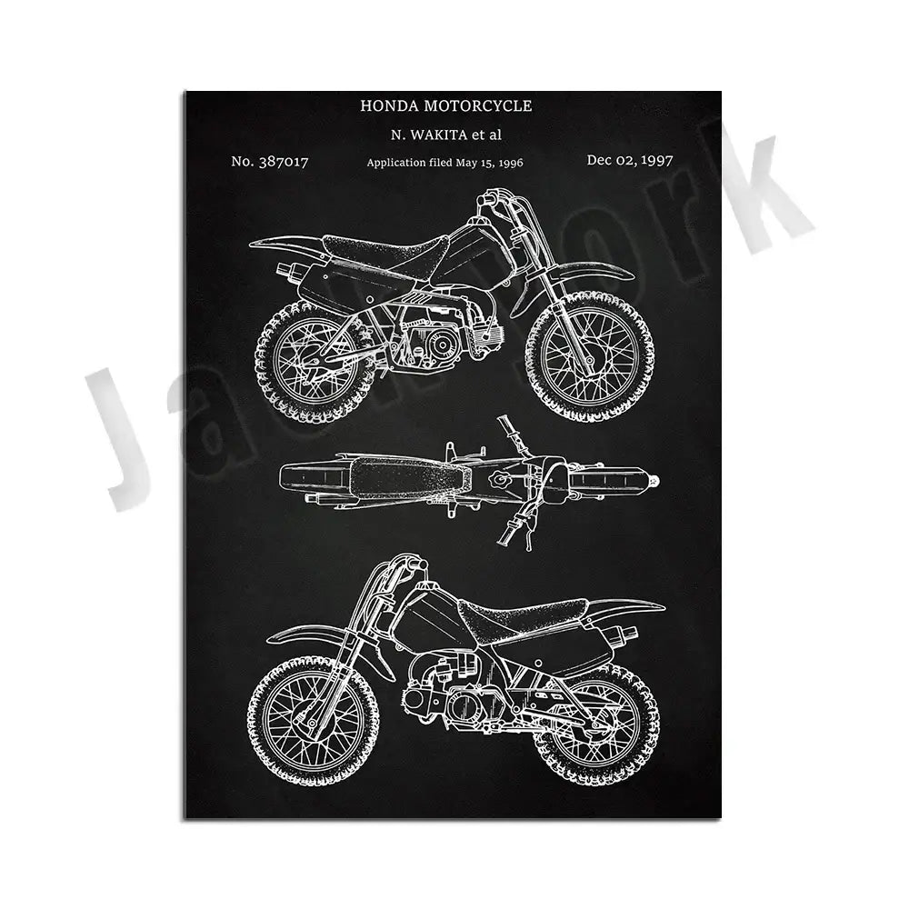 Black poster featuring white line drawings of a Honda dirt bike patent for vintage beige decorbites dirt bike art set