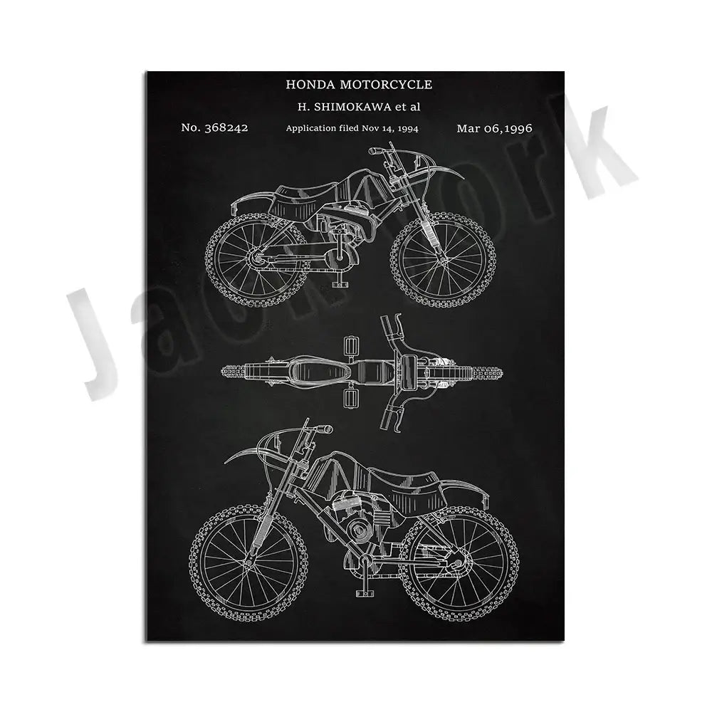 Black poster featuring white line drawings of a honda motorcycle dirt bike patent blueprint for decorbites dirt bike wall decor