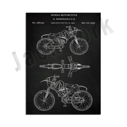 Black poster featuring white line drawings of a honda motorcycle dirt bike patent blueprint for decorbites dirt bike wall decor