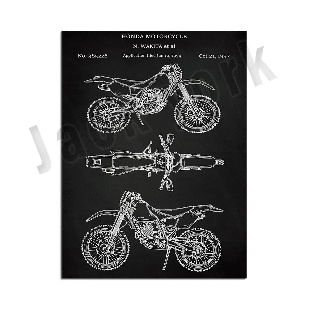 Black poster with white line drawing of 1997 honda dirt bike patent showing front side and top views for decorbites dirt bike decor
