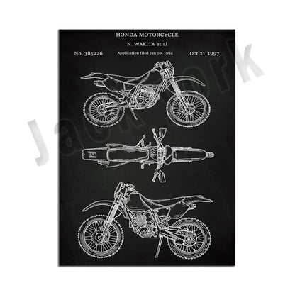 Black poster with white line drawing of 1997 honda dirt bike patent showing front side and top views for decorbites dirt bike decor