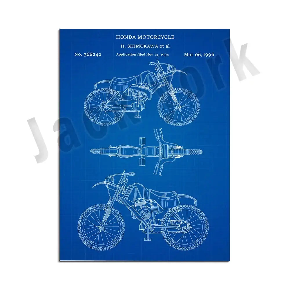 Blue blueprint style dirt bike patent poster featuring white line drawings of a honda motorcycle for decorbites decor