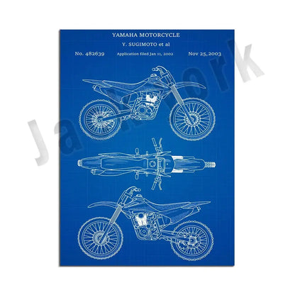 Blue yamaha motorcycle blueprint poster featuring three technical line drawings of a dirt bike for decorbites dirt bike decor