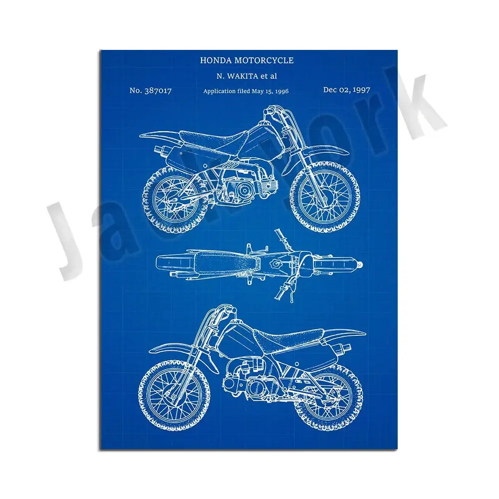 Blue honda dirt bike patent blueprint poster with three technical line drawings for decorbites dirt bike wall decor