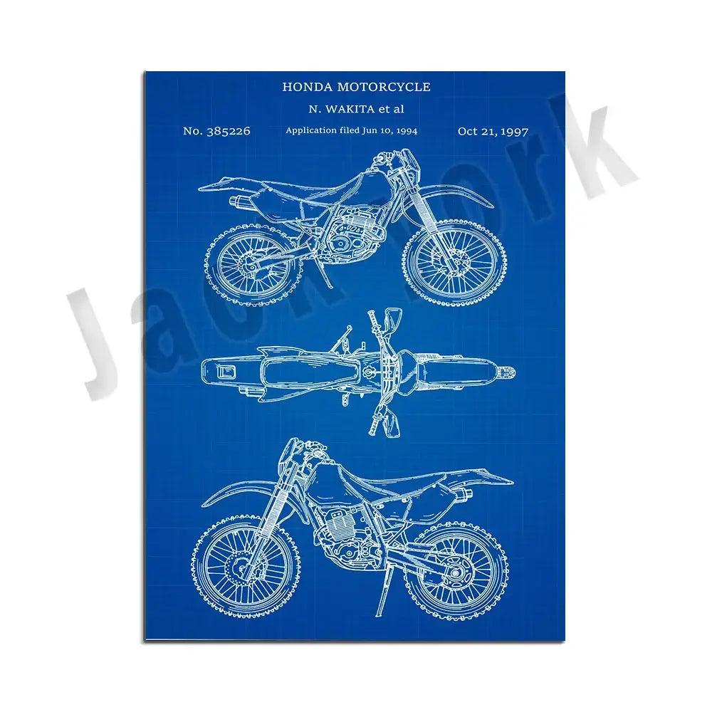 Blue blueprint-style poster featuring white line drawings of a honda dirt bike for vintage beige dirt bike patent decorbites decor
