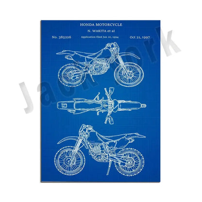 Blue blueprint-style poster featuring white line drawings of a honda dirt bike for vintage beige dirt bike patent decorbites decor