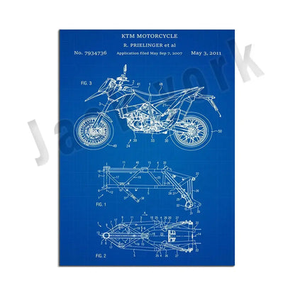 Blue blueprint style dirt bike patent poster with white ktm motorcycle technical drawing for decorbites decor