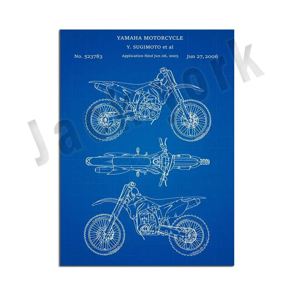 Blue yamaha dirt bike patent blueprint poster with three technical line drawings included in vintage beige decorbites dirt bike set