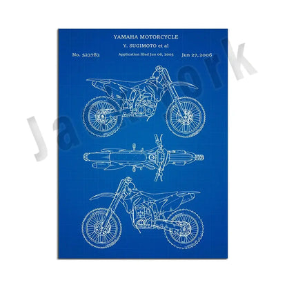 Blue yamaha dirt bike patent blueprint poster with three technical line drawings included in vintage beige decorbites dirt bike set
