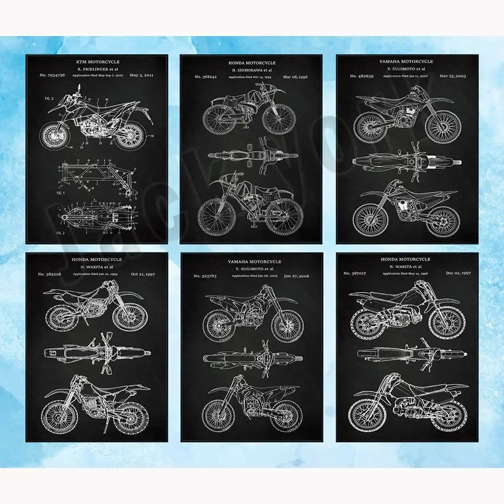 Set of six black and white dirt bike patent posters featuring ktm honda and yamaha for vintage beige decorbites dirt bike decor